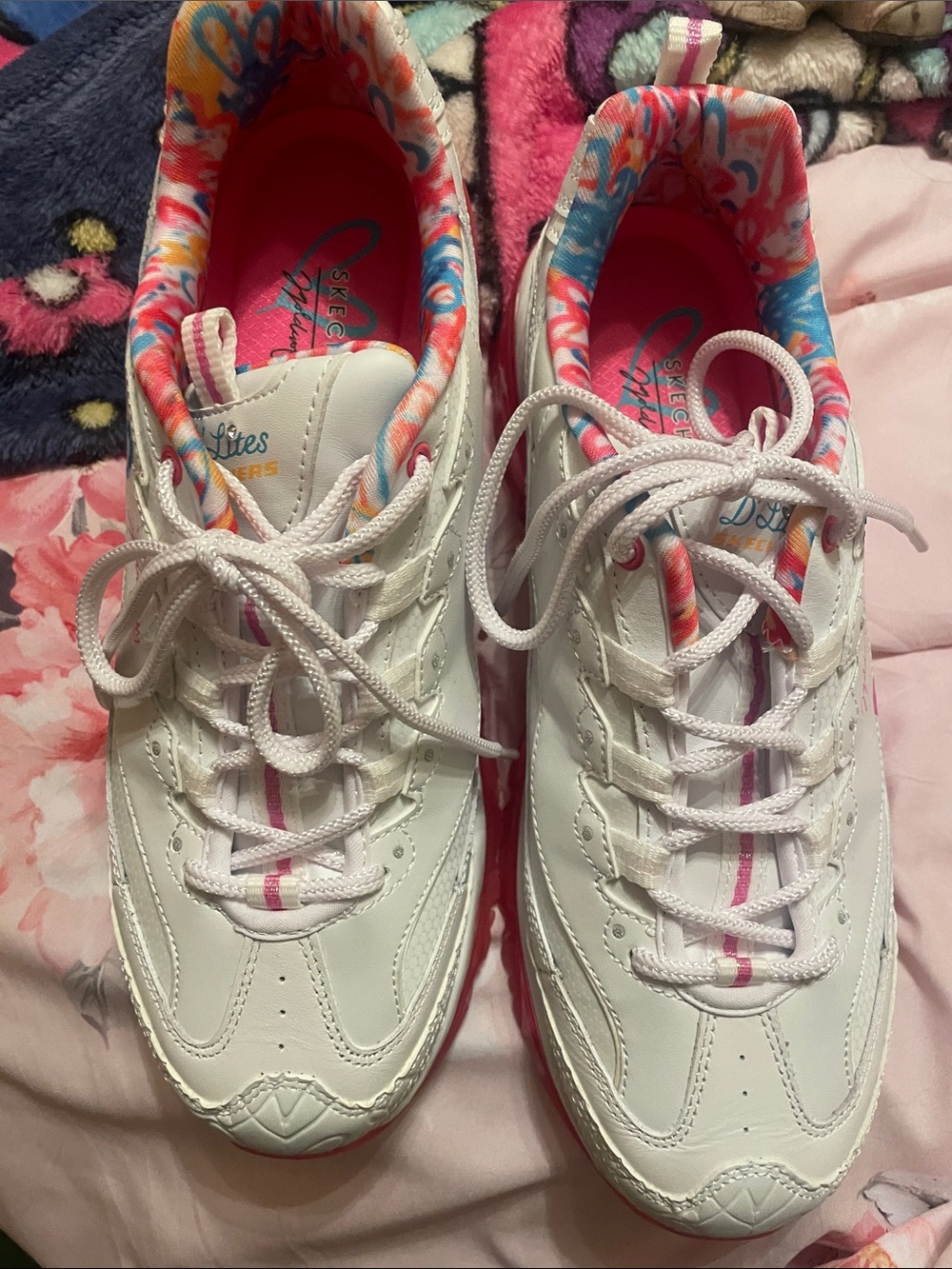 Skechers White Lace-Up Sneakers with Pink & Multicolor Trim